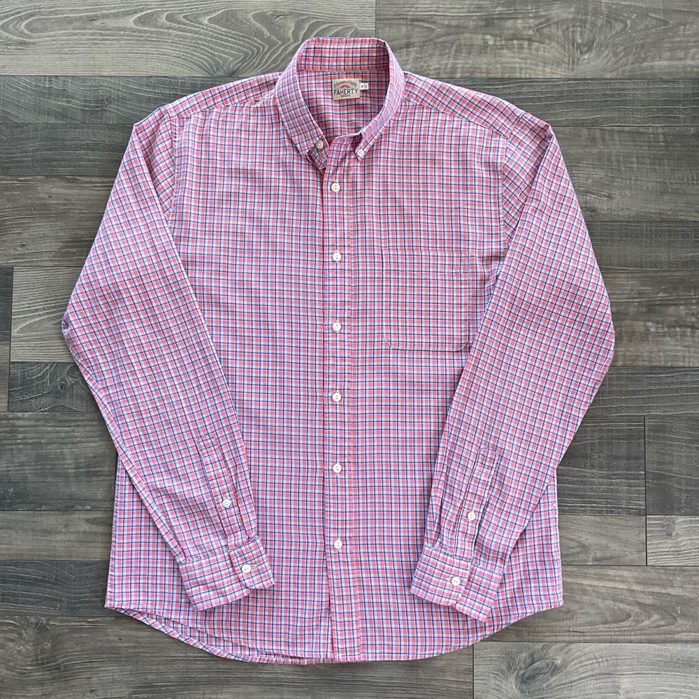 Faherty Button Down Shirt Men’s MEDIUM Pink Blue Plaid Long Sleeve 100% Cotton
